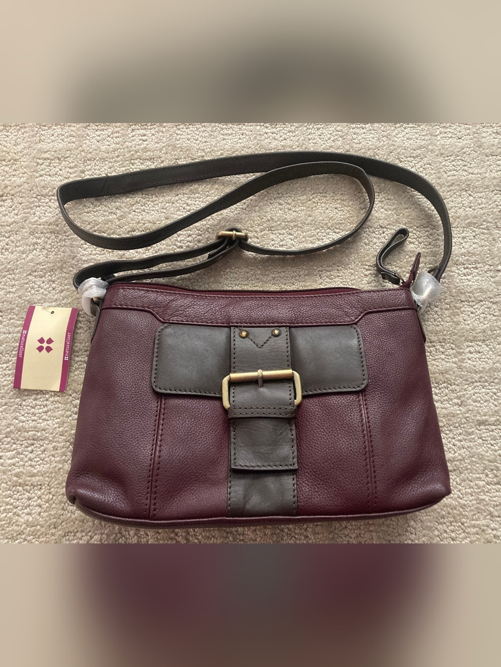 Naturalizer Burgundy Kaolan Leather Crossbody Satchel with Brown Strap NWT